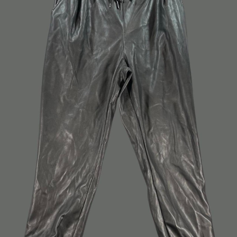 Black faux leather joggers, size L
